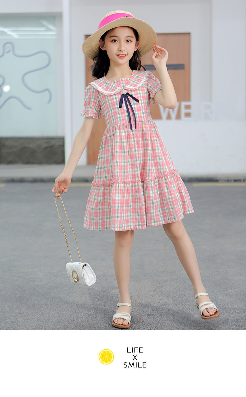 迪士尼女童连衣裙夏装中大儿童格子裙洋气2022新款网红童装女孩公主