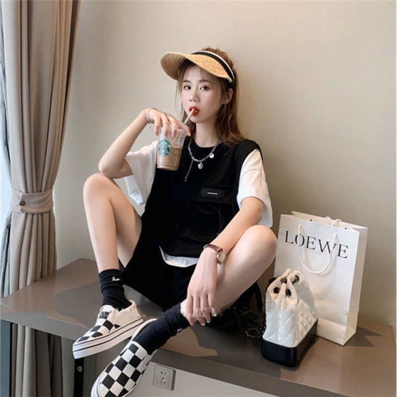 2021韩版夏女休闲运动套装宽松显瘦假两件t恤阔腿裤两件套套装 黑色