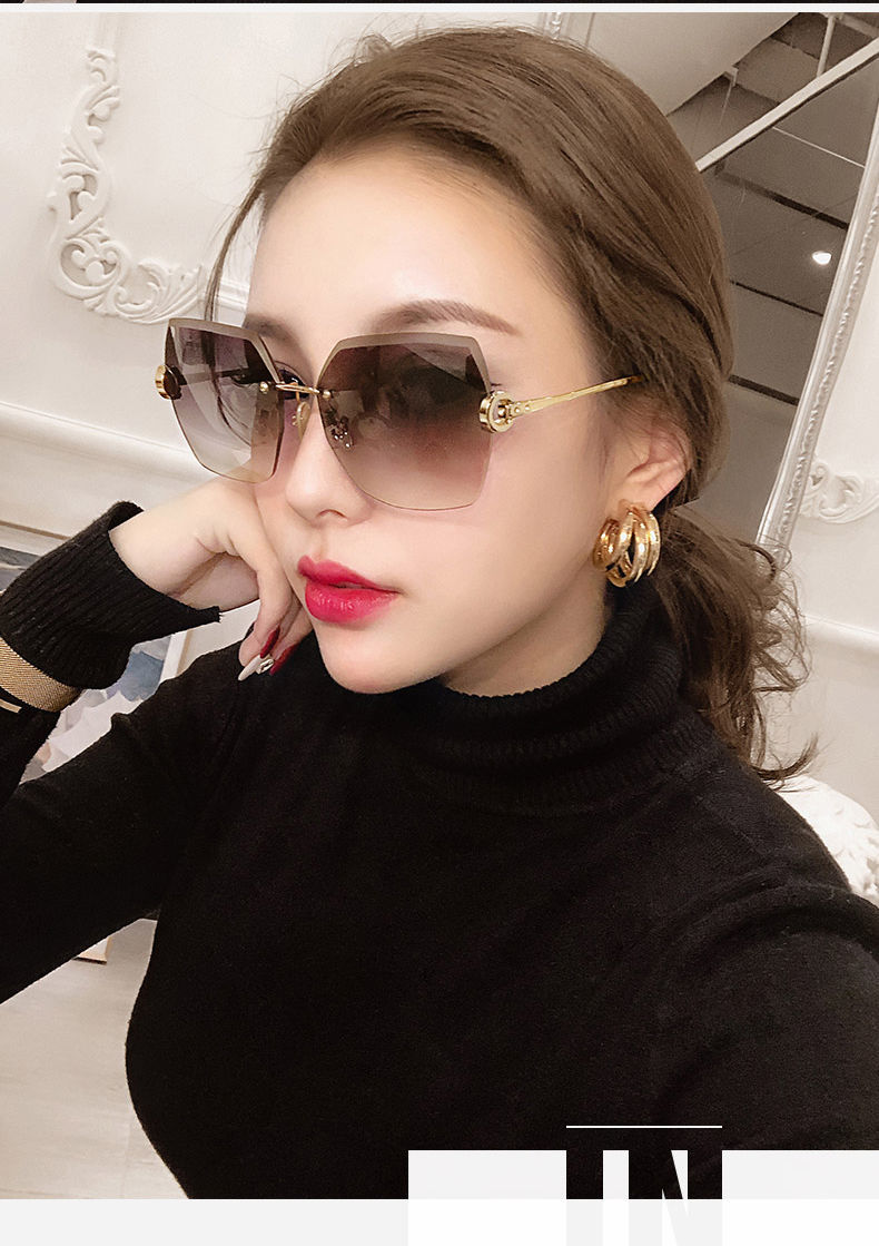 女生太阳镜女士时尚无框水晶多边切边镜片太阳眼镜潮流显瘦眼镜墨镜