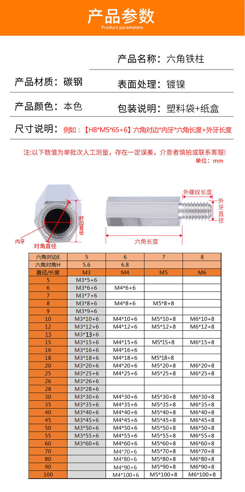 六角柱铁m4m5m6m8单头六角螺柱内外牙隔离柱机箱连接铜柱镀镍 m5*10 8
