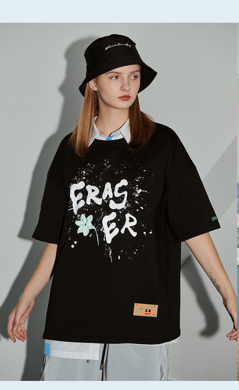 er笑脸短袖t恤反光字母印花国潮t恤男夏季新款个性情侣装宽松潮流短袖