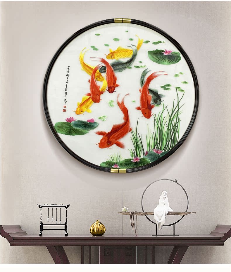 九鱼图苏州刺绣圆形装饰画中式玄关吉祥寓意墙壁挂画单幅苏绣圆形九鱼