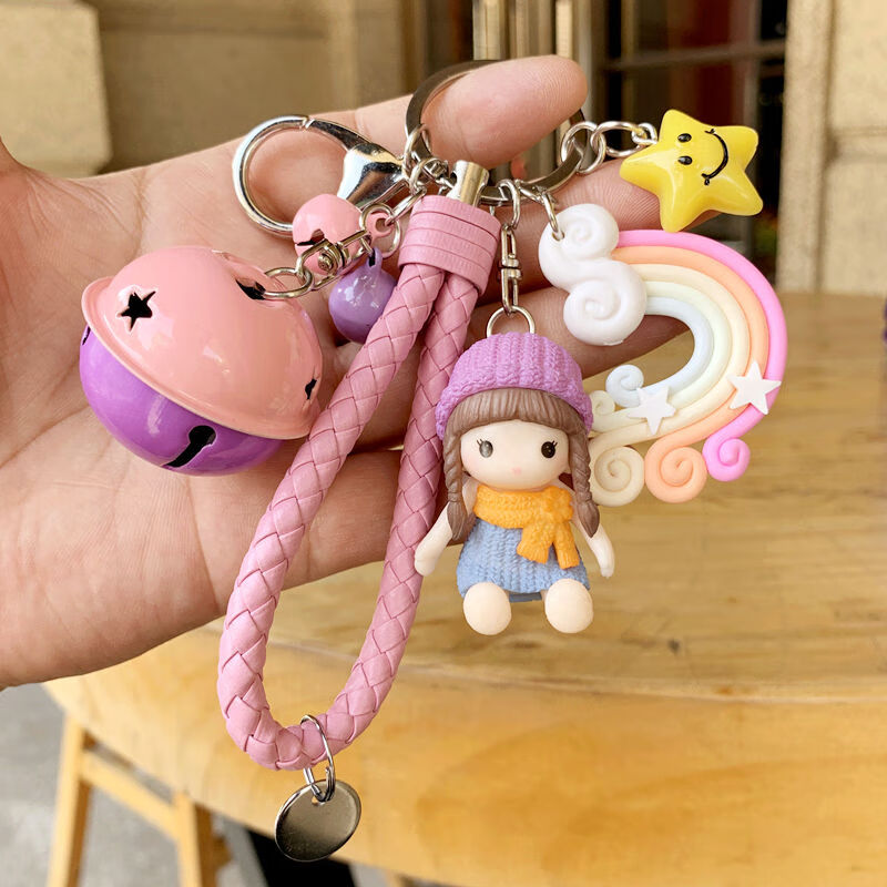 韩版小女生钥匙扣卡通汽车钥匙圈环女包包挂件 红绳爆米花铃 红女孩