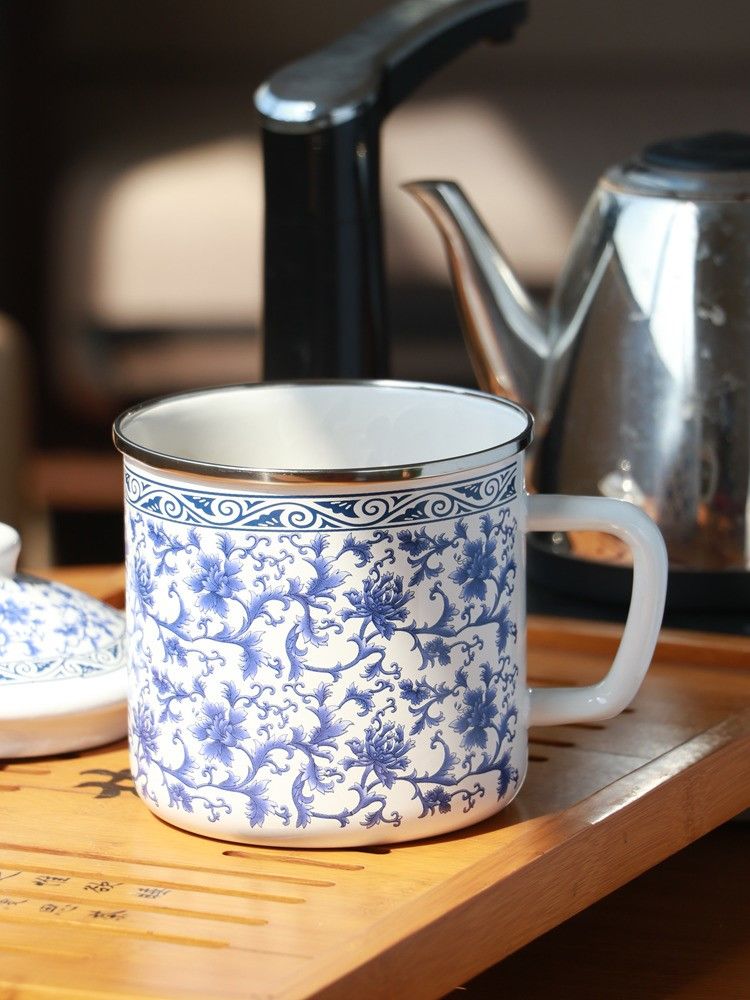 洋瓷缸子老式搪瓷茶杯茶缸子搪瓷 素雅青花搪瓷泡茶杯超大号喝水杯子