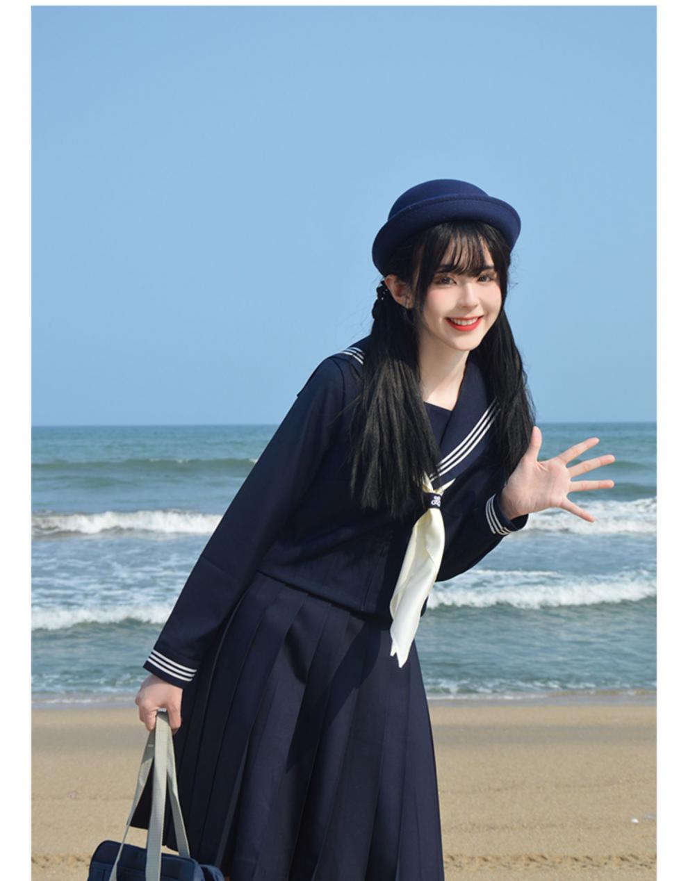 封茗旗舰2022jk制服正版绀色藏青色海军风绀三本短袖夏服学院风水手服