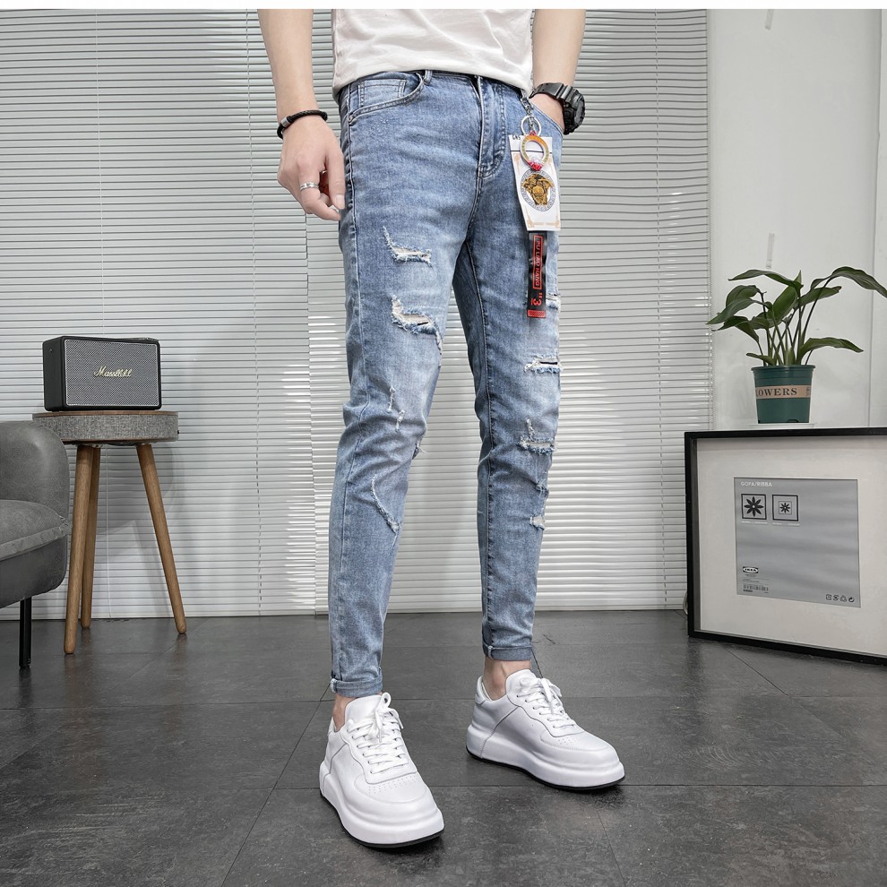 修身小脚社会人精神小伙9分痞帅裤子紧身牛仔裤男夏天薄款允鹿蓝色28