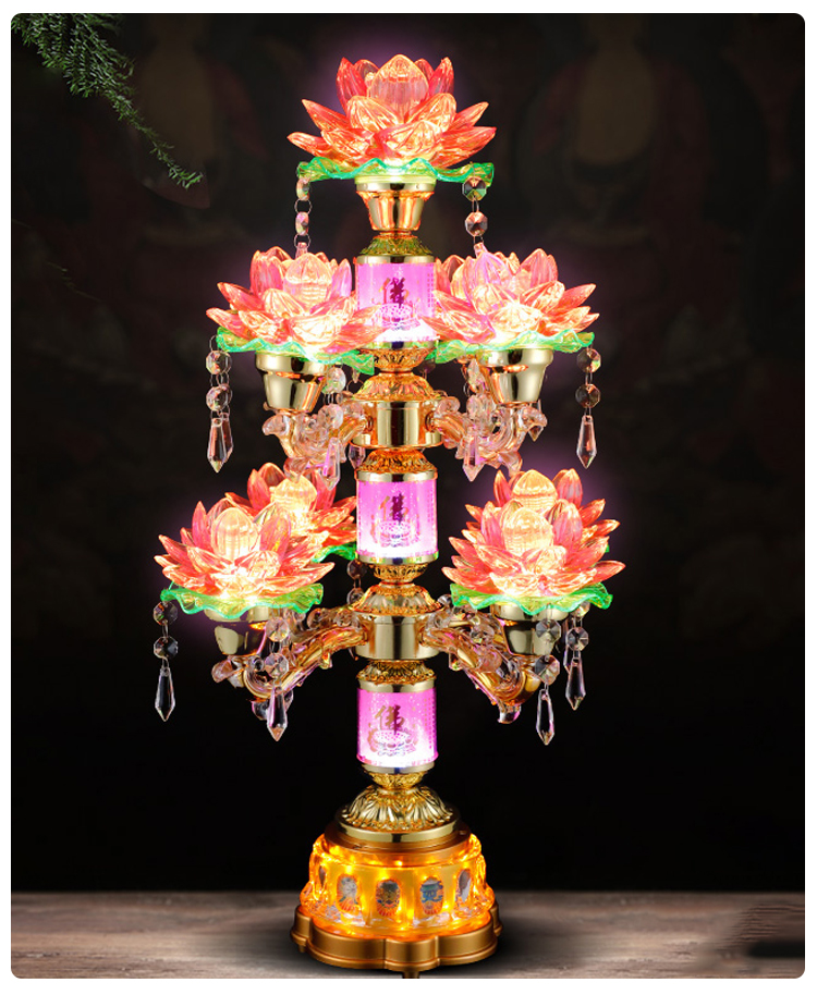 莲花灯佛灯插电家用led七彩七品供佛荷花灯水晶琉璃旋转莲花灯佛供灯