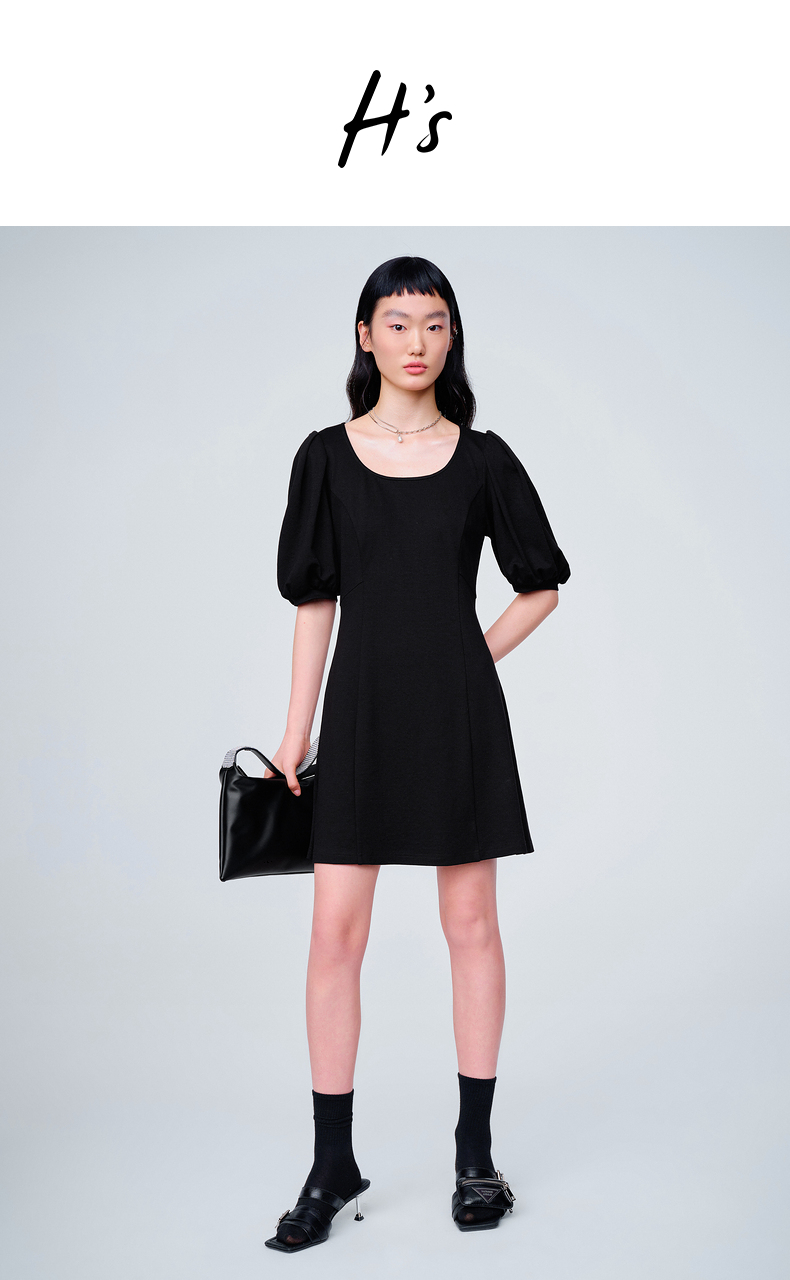 hs21夏装女装进口三醋酸赫本风小黑裙设计感小众a字泡泡袖连衣裙黑色l