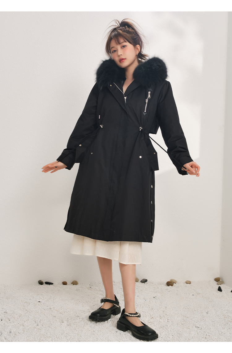 onemore2021秋冬新款气质派克服长款连帽皮草女黑色15580axs