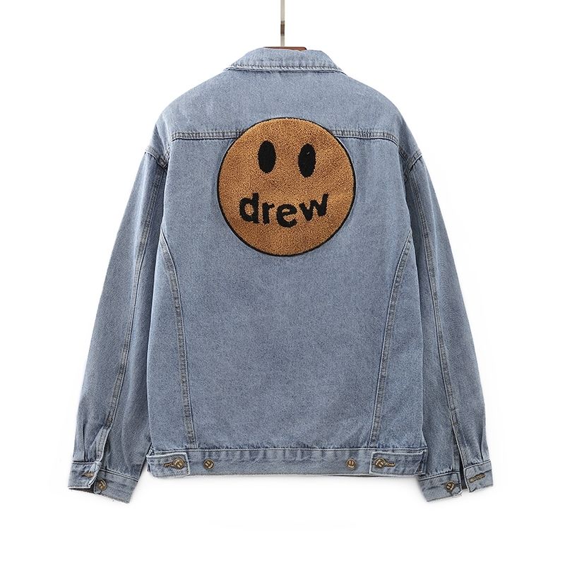 2022drew笑脸印花高街水洗做旧男女同款运动休闲牛仔外套夹克蓝色2550