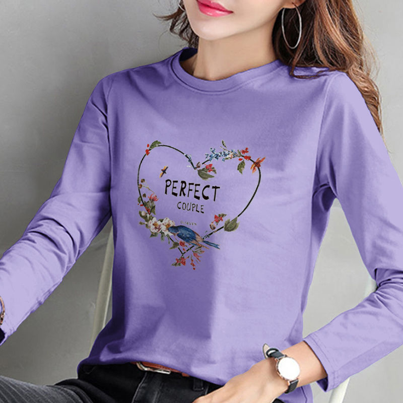 长袖t恤女2021夏季新款大码胖mm印花韩版百搭女汗衫紫色ames建议95斤