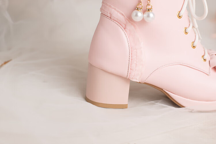 女童靴子洛丽塔甜美小女孩可爱中筒靴时尚粗跟少女学生蝴蝶结高跟鞋