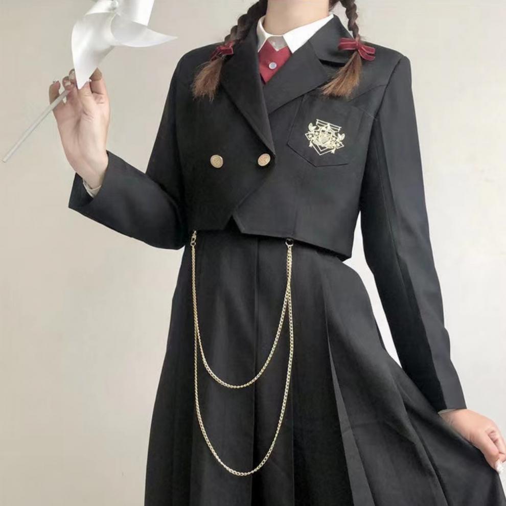 百褶长裙可爱软妹学院风背心连衣裙套装 黑色护奶裙( 交叉领结) 链 xs