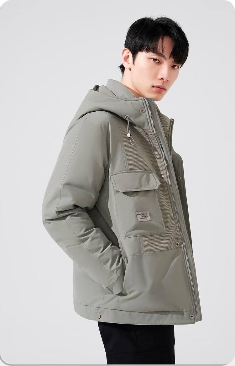 hla海澜之家羽绒服男22新款连帽灯芯绒镶拼短款90白鸭绒保暖外套男