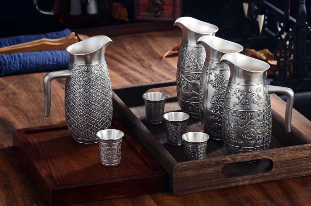 银酒杯纯银酒具 纯银酒具白酒杯套装中式复古银酒杯酒壶999足银酒器