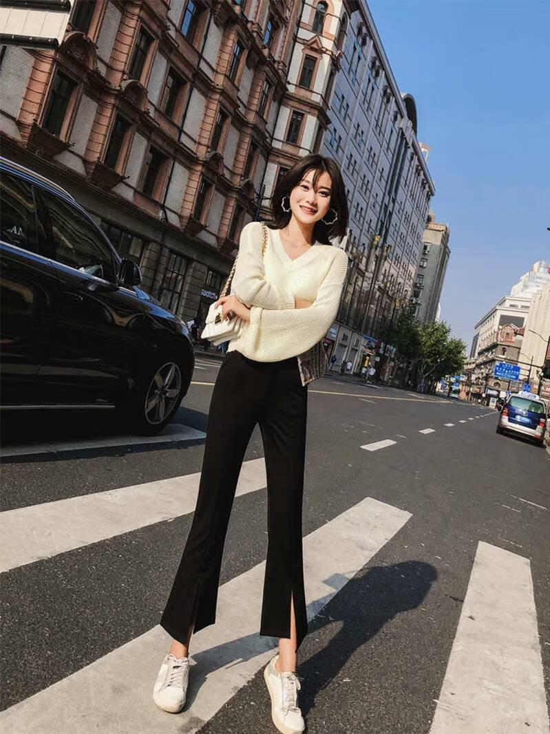 浪莎2021夏季西裤黑色大码西装裤女显瘦开叉微喇叭裤女九分高腰阔腿裤