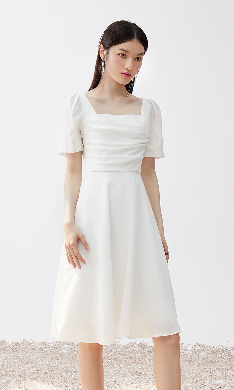 欧时力短袖连衣裙2022新款夏装方领法式设计感 白色018 m【图片 价格