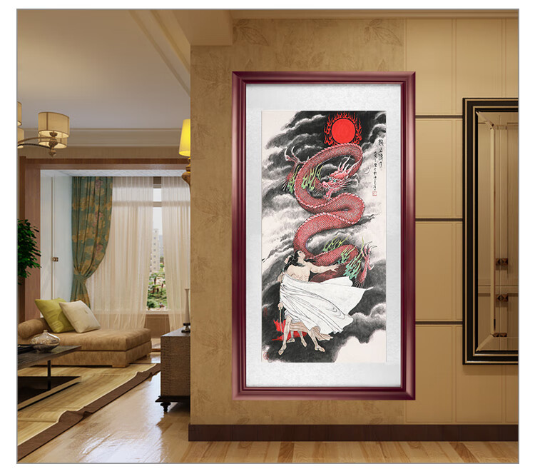 龙画龙挂画龙的图案鲤鱼跳龙门国画实木装框j双龙戏珠70140cm典雅红