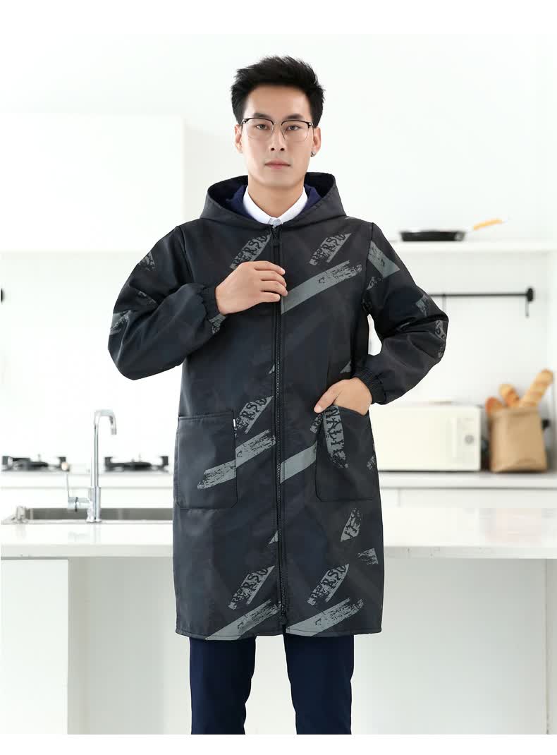加绒罩衣大人男士加厚时尚工作服外套秋冬季厨房防水防油围裙长袖蓝色
