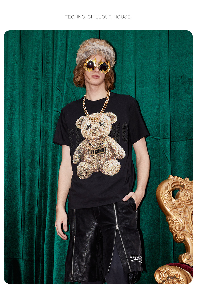 tch轻奢潮牌烫钻小熊宽松圆领短袖t恤男女同款t213106056黑m
