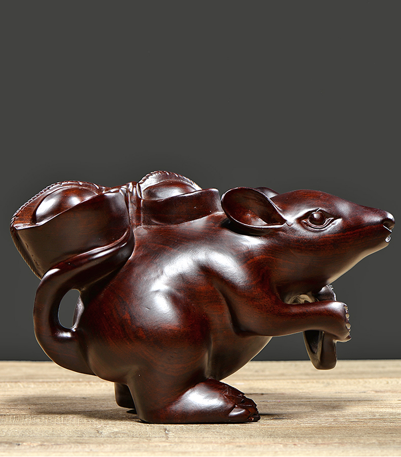 真趣堂 木雕老鼠摆件十二生肖鼠把件实木 金钱鼠客厅装饰红木 a款老鼠