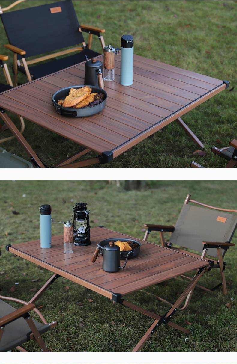 山扉蛋卷桌户外桌椅便携式折叠蛋卷桌露营野餐桌套装收纳木纹黑胡桃