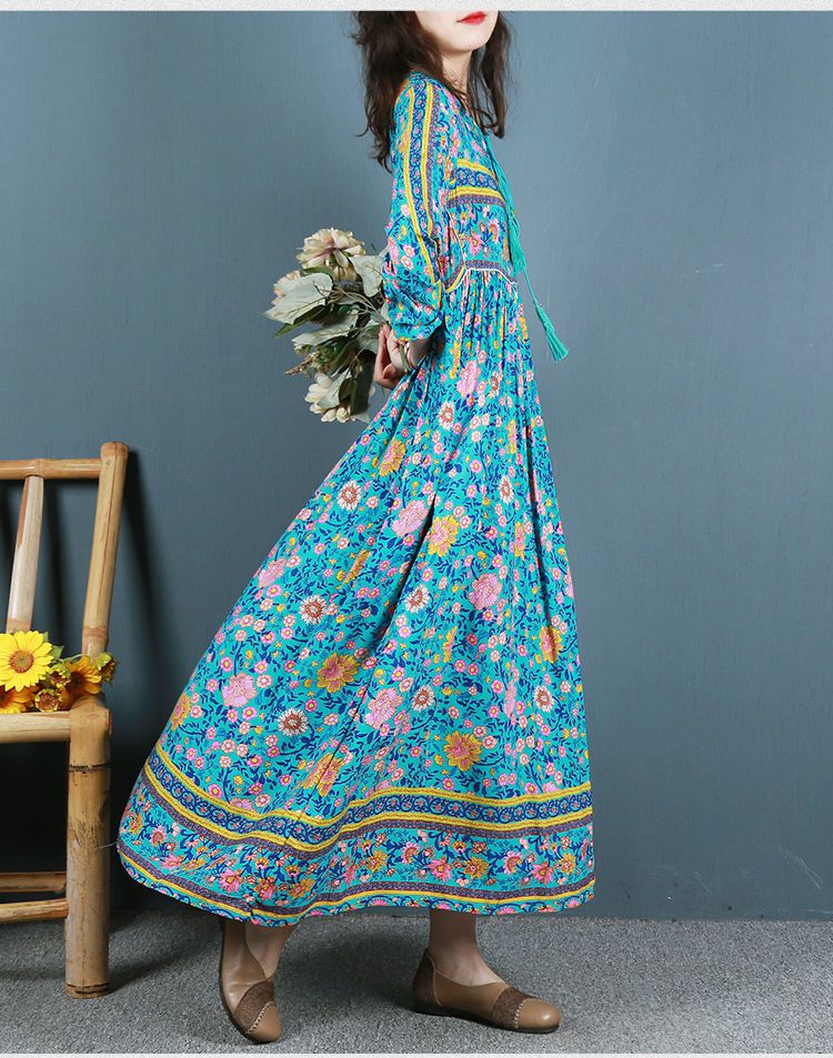 σο复古民族风棉质印花连衣裙女春夏季长款大摆裙宽松波西米亚长裙子