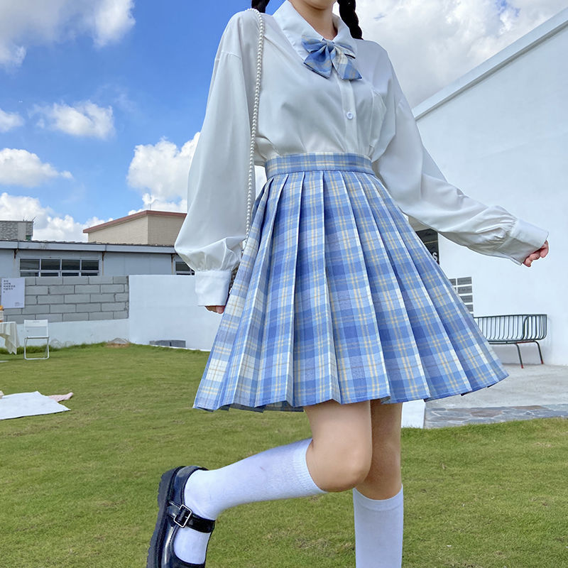 冰淇淋jk格裙蓝色格子制服短裙高腰显瘦日系学院风百褶裙女夏 冰淇淋