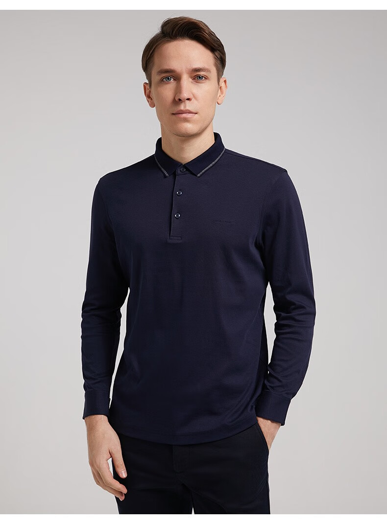 梦特娇秋季新款男士商务休闲长袖polo衫棉质净色翻领简约男式长袖polo