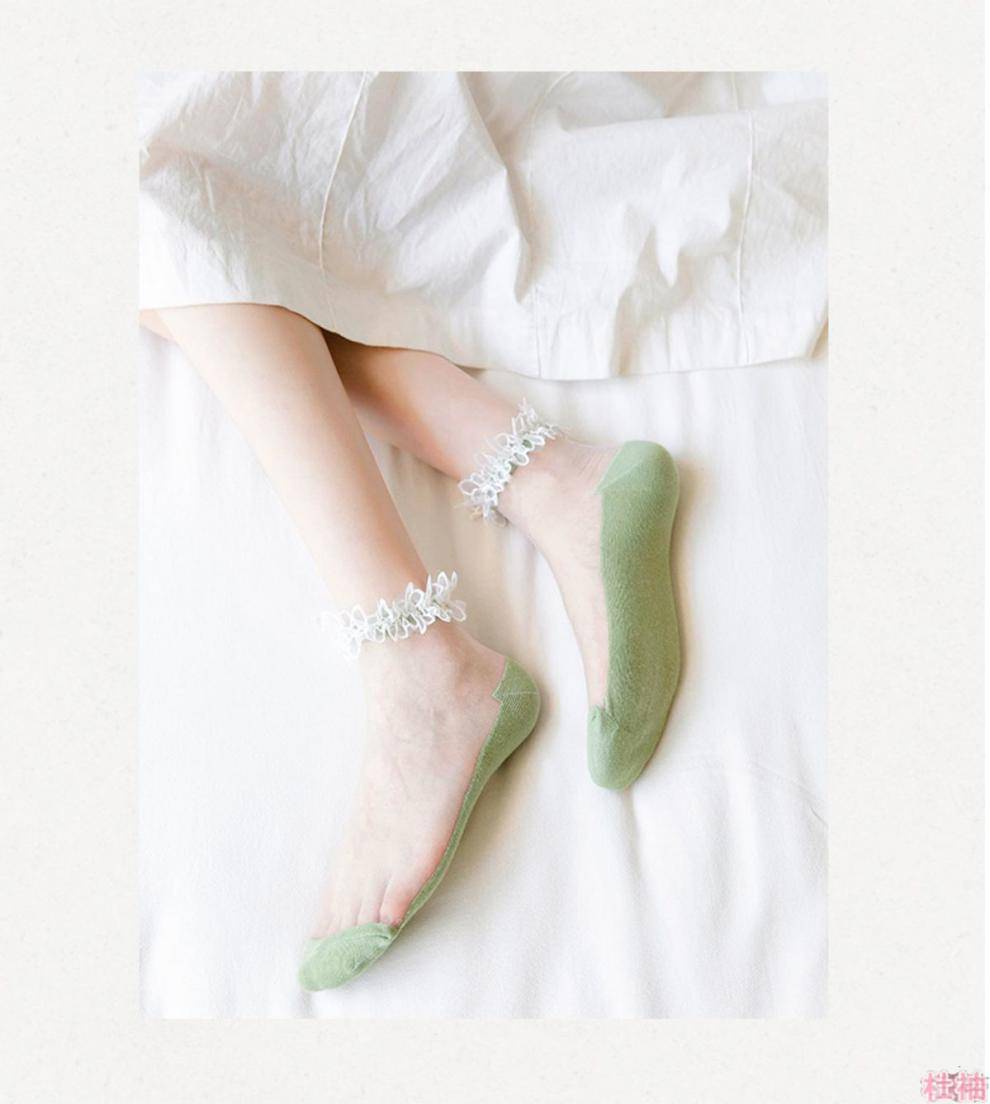花边玻璃丝袜子女夏季蕾丝边水晶袜网红仙女袜公主风短袜夏天薄款宝蓝