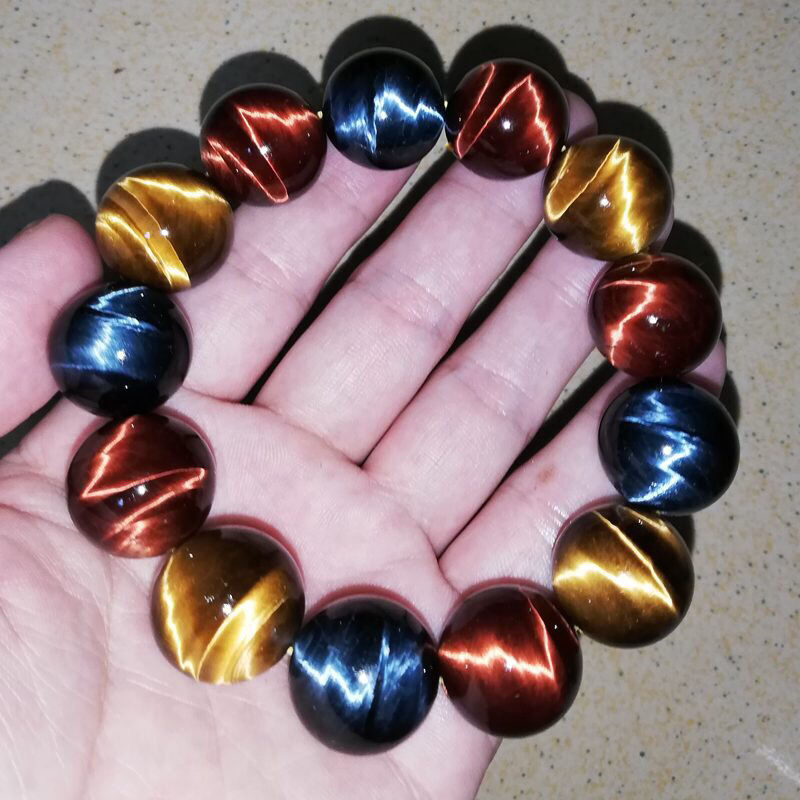 天然虎眼石手链红虎晴石三色虎 鹰眼石手串 男女士旺事业黄虎 20mm