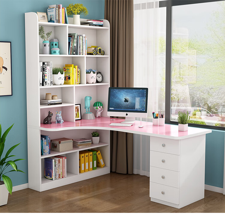 简约实木转角书桌书架组合家用电脑桌台式书桌书柜一体