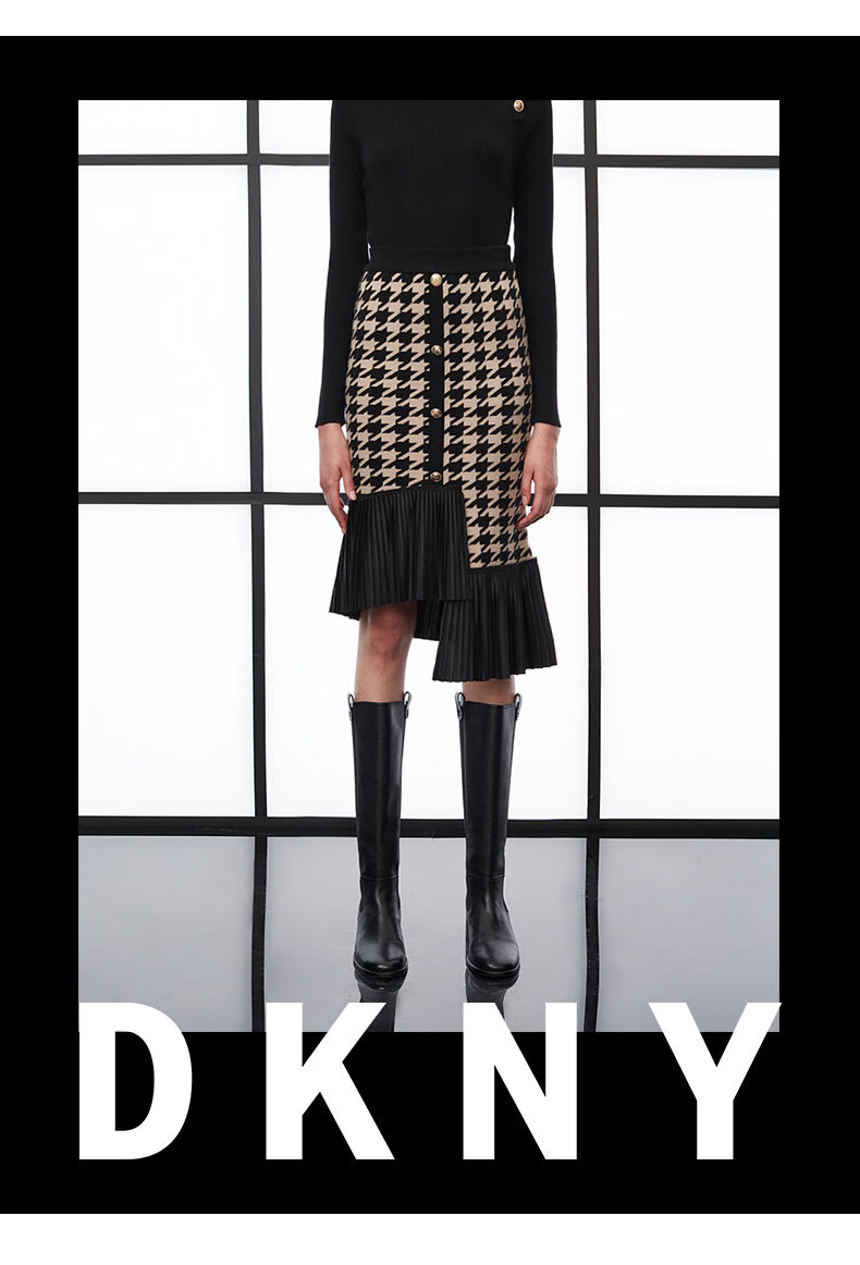 dkny女裙2022早春新款针梭织拼接千鸟格不对称百褶下摆中长款半身裙