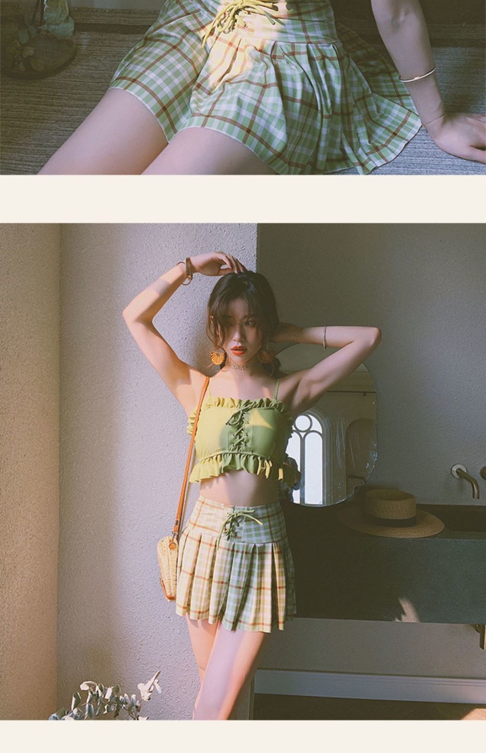 少女生泳衣初中学生ins可爱小清新格子分体裙式高腰比基尼小胸遮肚