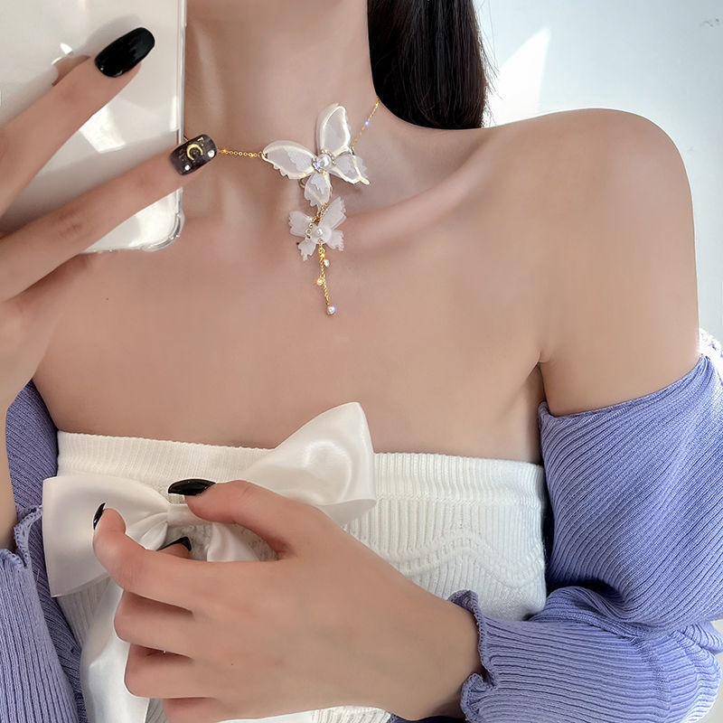 小众设计感2021年新款锁骨链仙气choker颈链配饰 珍珠镶钻蝴蝶项链