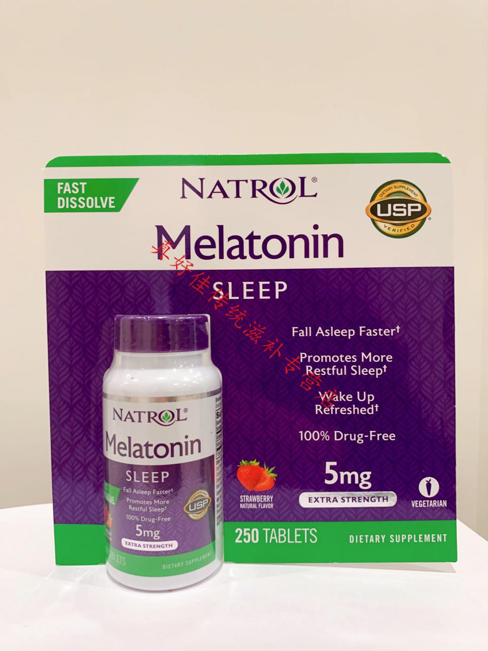 美国直邮natrol melatonin草莓味褪黑素速溶片松果体5mg250粒助眠