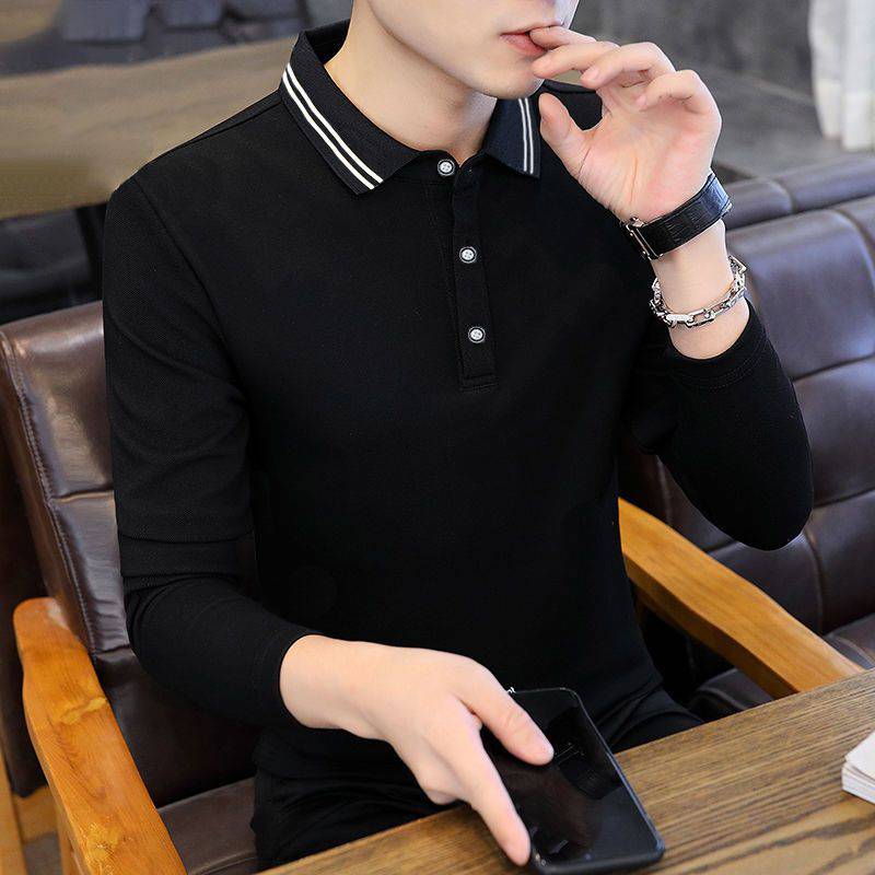 【品质】男士翻领体恤男士秋冬款中青年商务带领翻立领长袖t恤打底衫