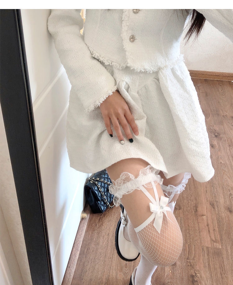 浪莎黑丝长筒袜jk蝴蝶结过膝袜子女夏季性感风洛丽塔白色花边渔网袜高