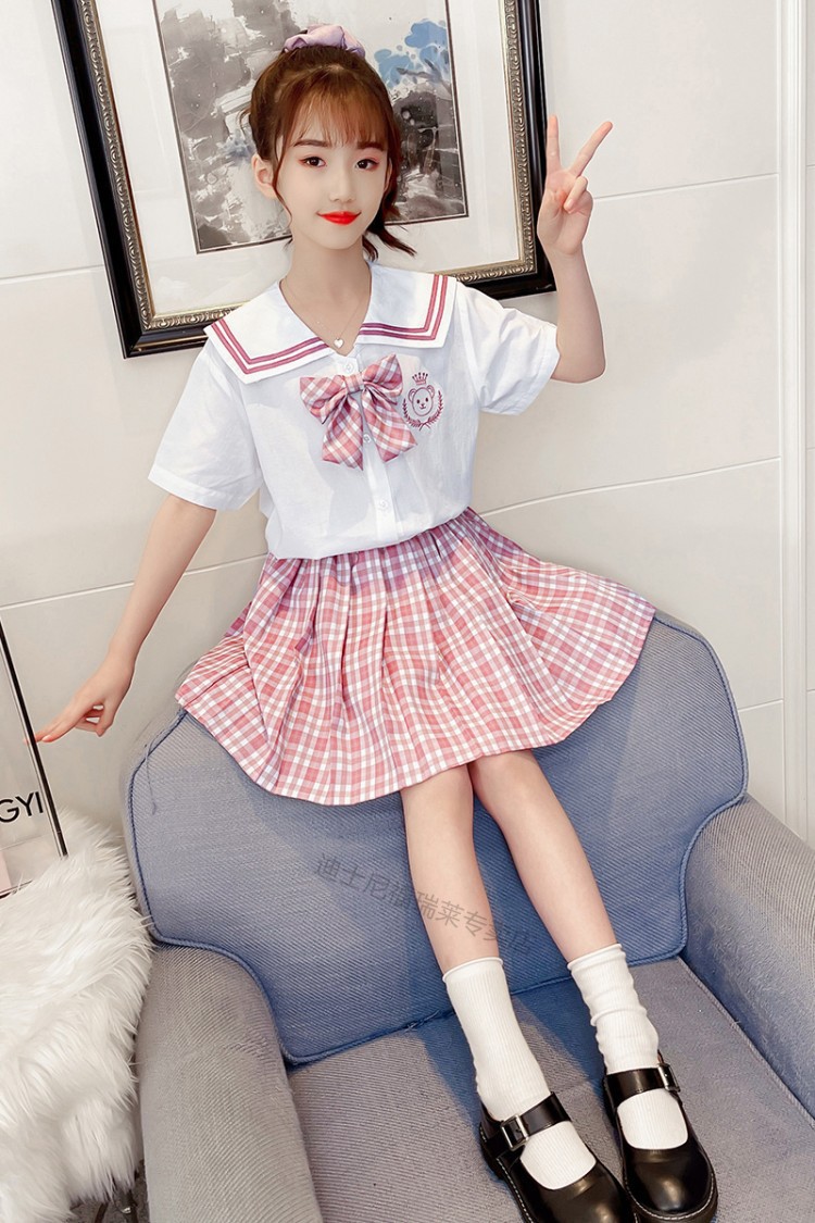 迪士尼童装同款儿童jk水手服套装夏装少女格子裙子女童学院风小学生