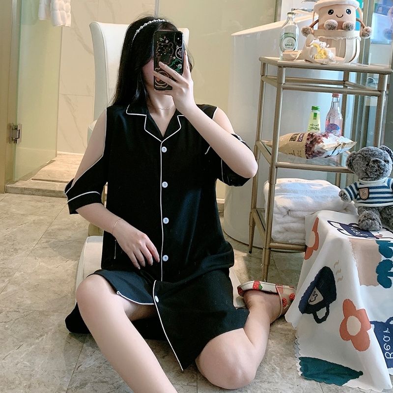 夏天睡裙女五分短袖冰丝宽松春秋薄款家居服雪纺女士大码睡衣夏季9174