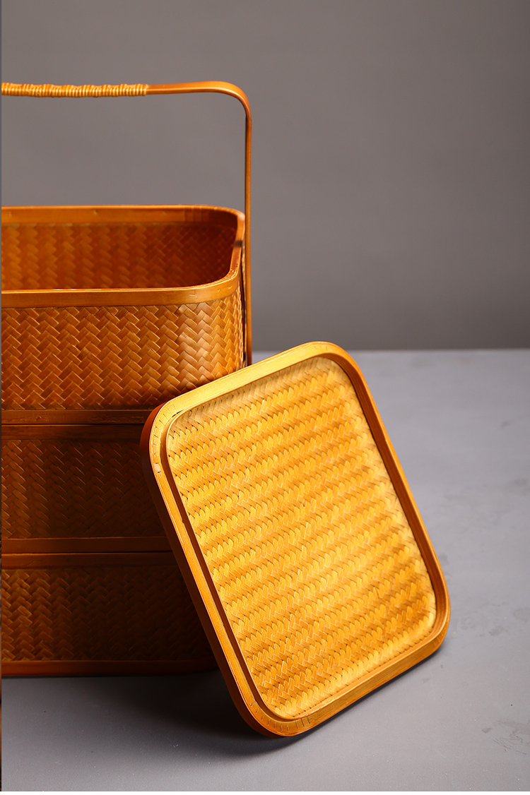 上坟用食盒竹编提篮收纳日式双层水果点心果盘宫廷食盒影视道具复古风