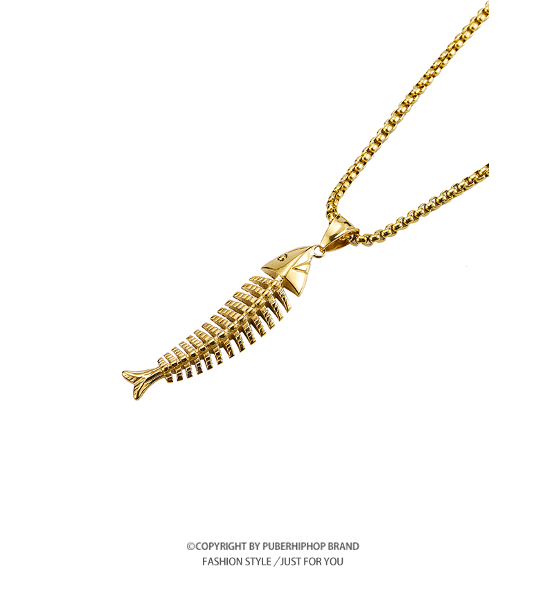 最饰不掉色潮男嘻哈鱼骨头项链韩版ins冷淡风中性百搭潮女链子 黑色