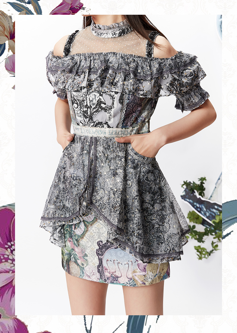 lulualways我爱露露新款露肩网纱拼接印花连衣裙lmb5180灰色16084am