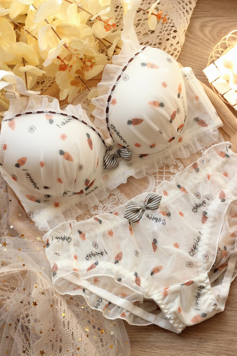 可爱无钢圈水果印花少女文胸套装日系软妹子牛奶丝内衣套装桃子印花