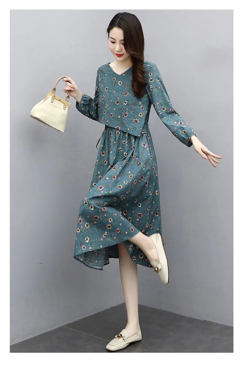 春秋连衣裙女长袖碎花棉麻连衣裙女秋收腰显瘦气质长袖复古流行裙子粉