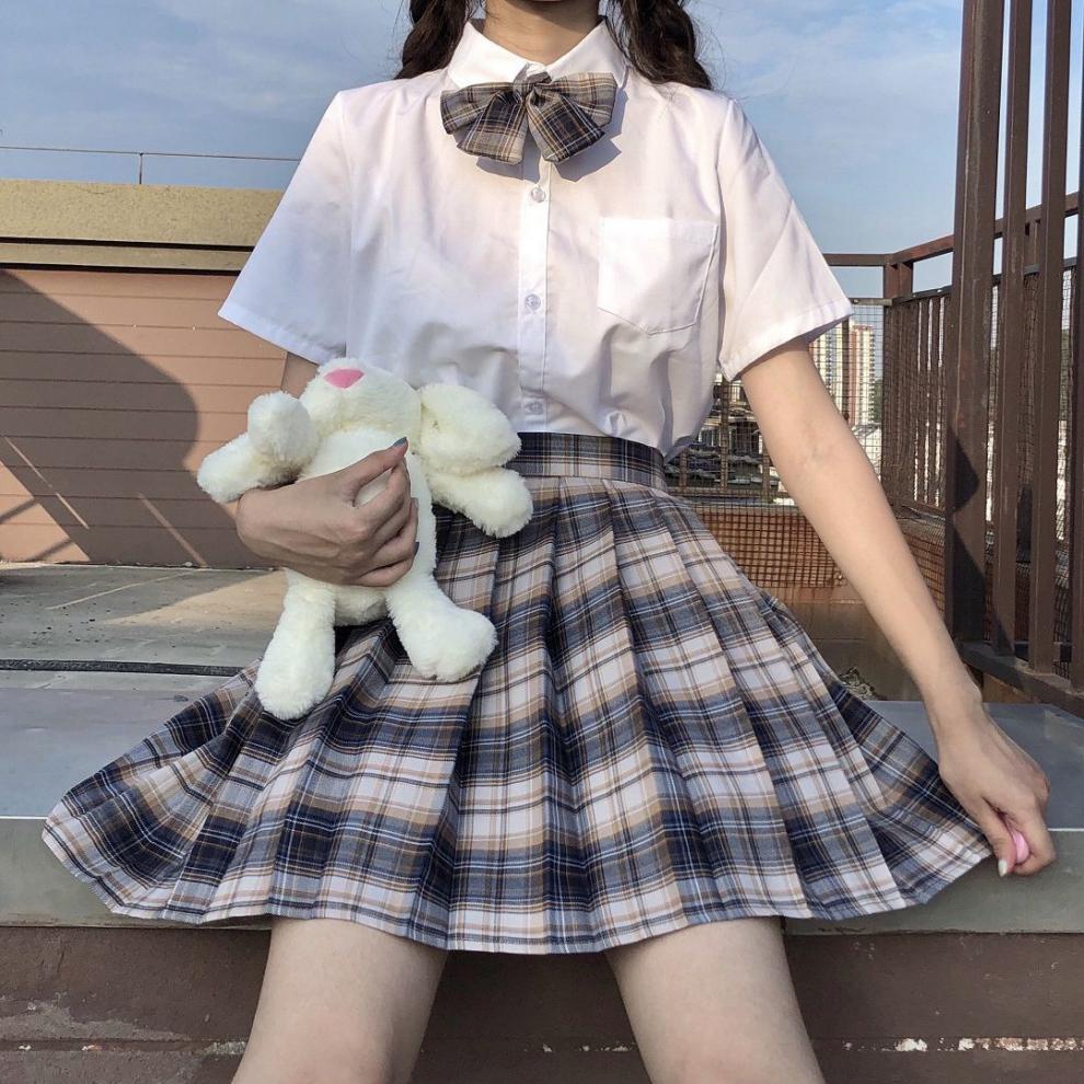 jk制服女高品质制服格裙套装日系学院风百褶裙裙春短袖芋泥蛋糕格裙