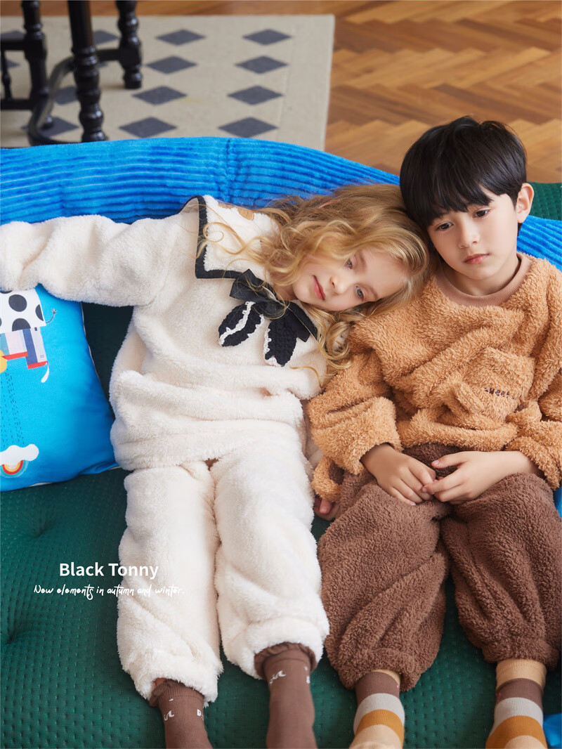 小黑托昵秋冬家居服男童女童加厚加绒睡衣套装中大儿童小黑托尼 80248