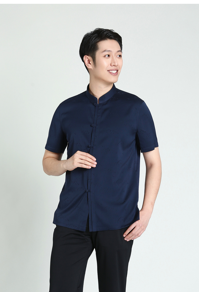 老美华男士薄款上衣新品桑蚕丝中老年男装夏季半袖休闲亲肤衬衫男