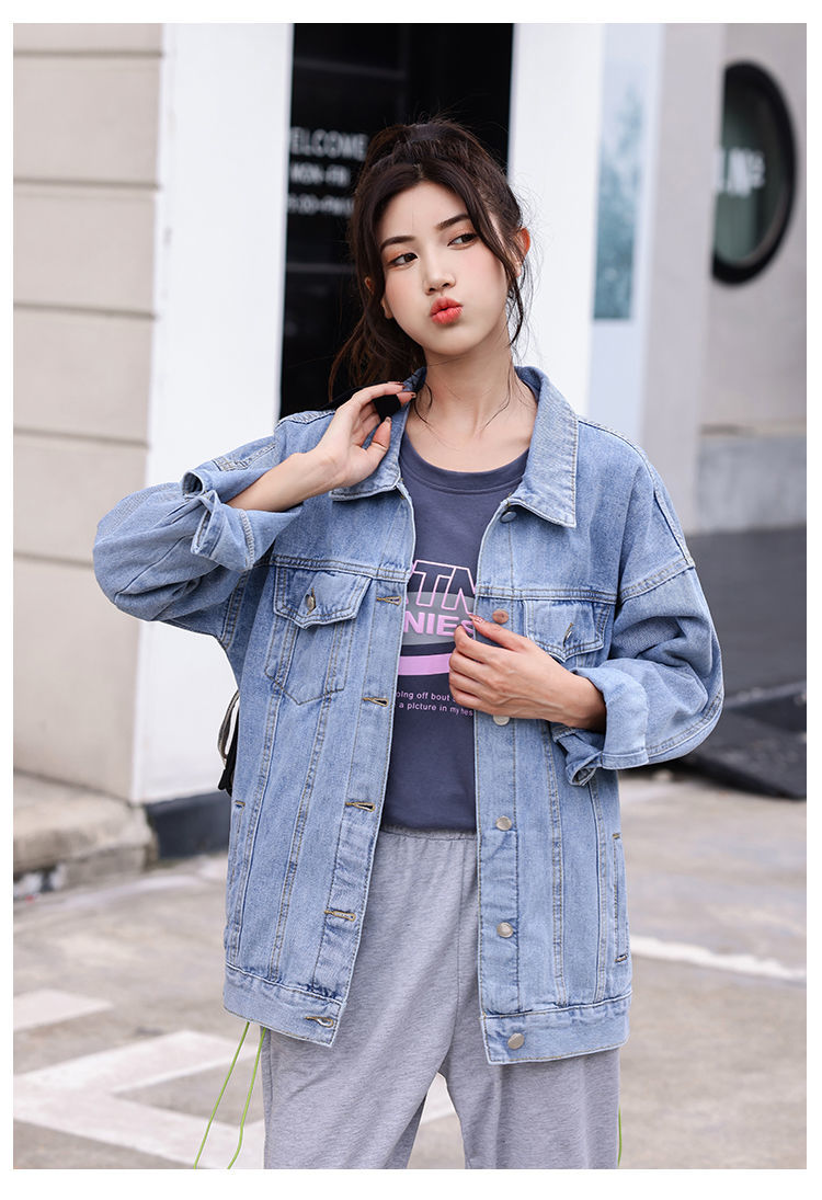 宽松韩版中长款春秋2021年新款bf上衣潮ins百搭牛仔衣浅蓝色l125145斤