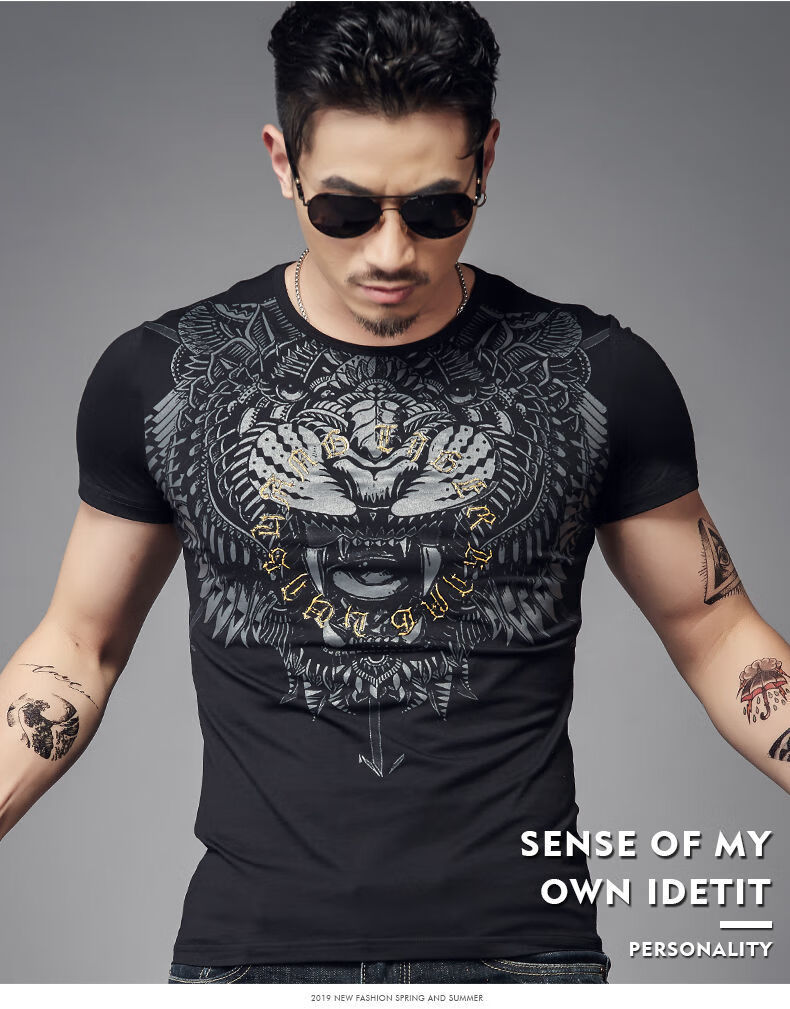 虎头t恤男短袖t恤男潮牌潮流霸气老虎头印花夏季圆领休闲半袖体恤衣服